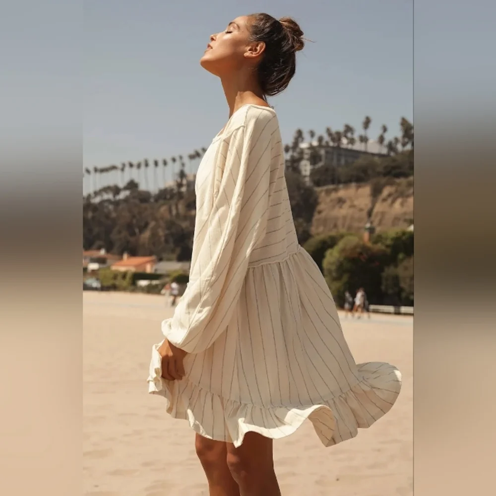 Free People Beach April Cream Striped Ruffled Long Sleeve Mini Dress Xs